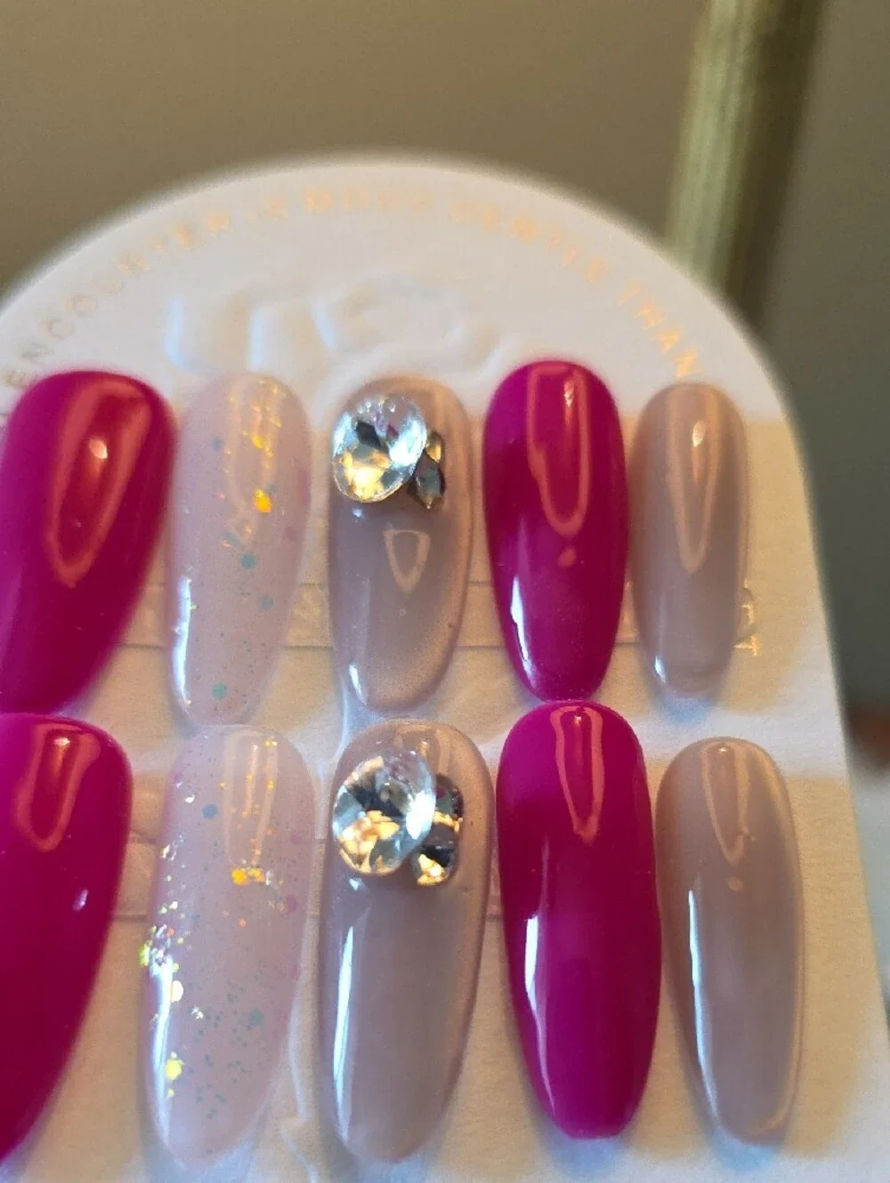 Press-On Nail Set with Fuchsia and Nude Shades Rhinestone Accent Size Large